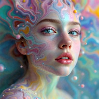 The primary subject of the image is a woman with a colorful, swirling background. She is wearing makeup and has a pink lipstick. The setting is a colorful, swirling background that adds a vibrant and artistic touch to the scene. The visual style of the image is a combination of photo and digital art, creating a unique and eye-catching appearance. The colors and mood of the image are lively and energetic, with the woman's makeup and the sw